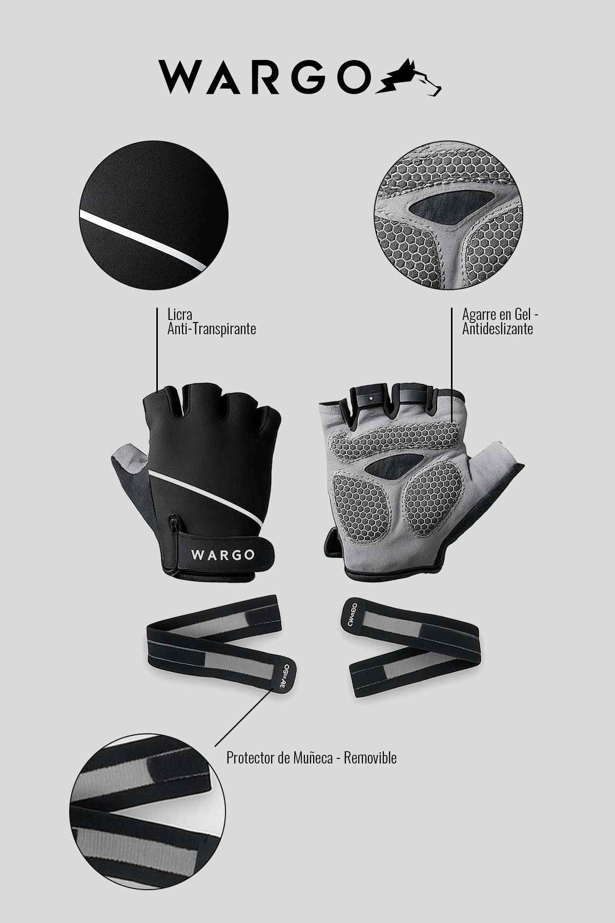GUANTES PARA GYM CON MUÑEQUERA REMOVIBLE